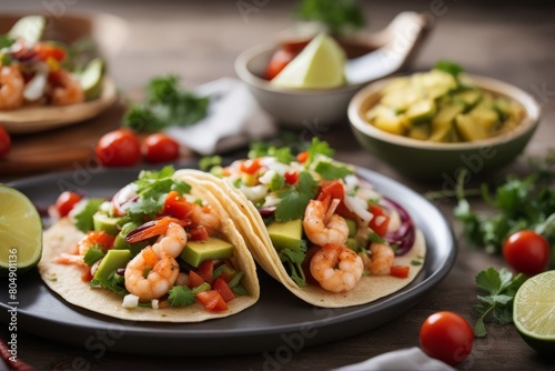 'shrimps tacos salsa vegetables avocado mexican food shrimp tortilla seafood lime taco traditional dish chili spice spicey mexico sauce salad meal cilantro cookery lunch pepper fish crisp jalapeno'