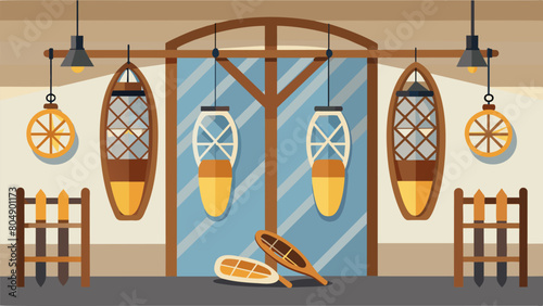 Antique snowshoes and wooden sleds hang from the ceiling adding a rustic touch to the shops decor.. Vector illustration