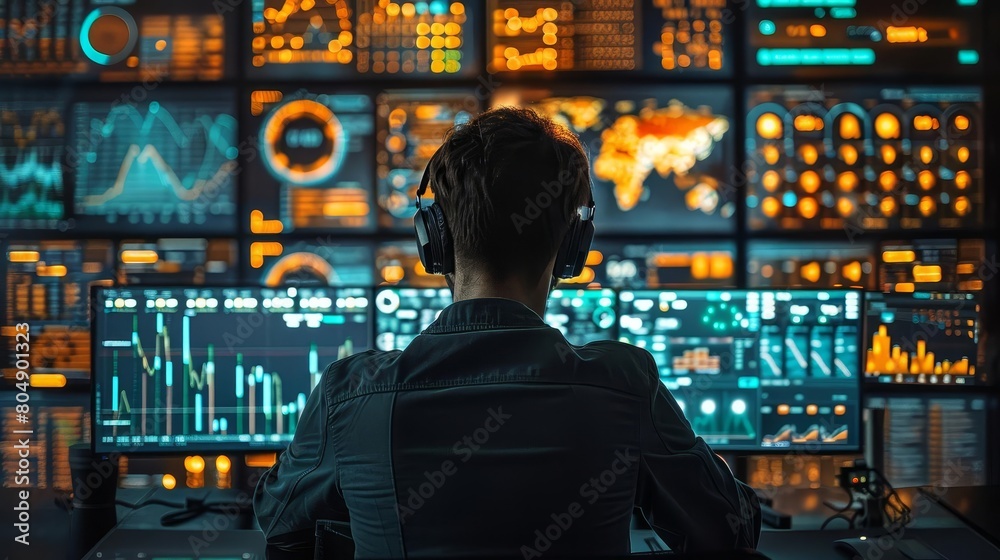 A man wearing headphones sits in front of a large bank of computer monitors showing many graphs and charts of data. A man wearing headphones sits in front of a large bank of computer monitors showing many graphs and charts of data.