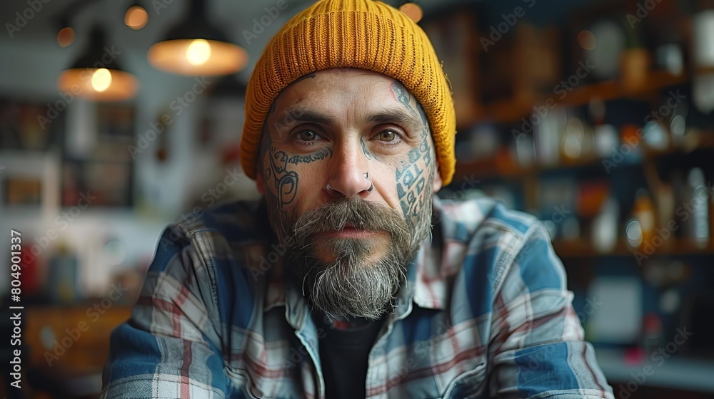 A man with tattoos on his face and neck, wearing a yellow beanie and a plaid shirt, looking at the camera with a serious expression. A man with tattoos on his face and neck, wearing a yellow beanie and a plaid shirt, looking at the camera with a serious expression.