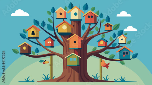 A large tree trunk serving as a canvas for multiple birdhouses each one telling a different story of patriotism and freedom.. Vector illustration