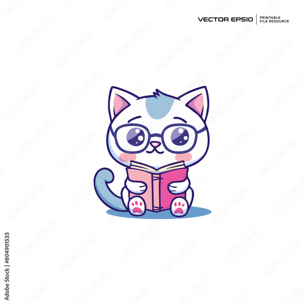 cute cat reading a book, character, mascot, logo, design, illustration, eps 10