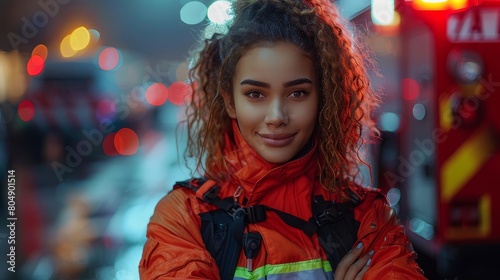 A young female firefighter with curly hair smiles in front of a firetruck.