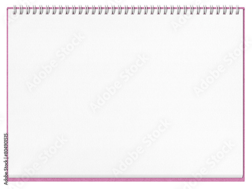 開いたスケッチブックの1ページ、白いリングとピンクのカバー