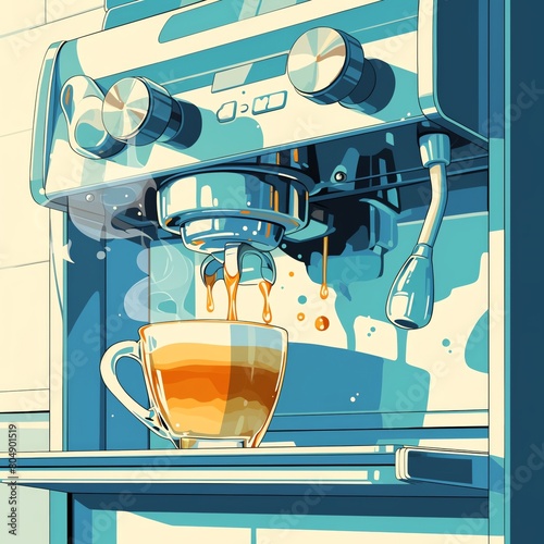 Detailed view of a selfservice coffee machine dispensing coffee, highlighting the mechanical parts and steam rising from a freshly filled cup