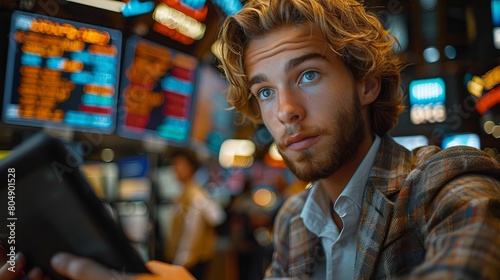 A young man in a suit is looking at a tablet in front of a large screen with stock market data. © 1000lnw