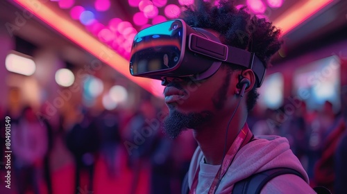 A young man wearing a virtual reality headset is gaming in a crowded arcade. © 1000lnw