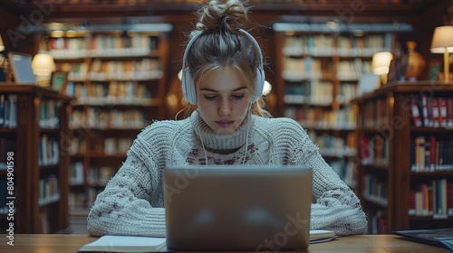 A young woman wearing headphones is sitting in a library and using a laptop.