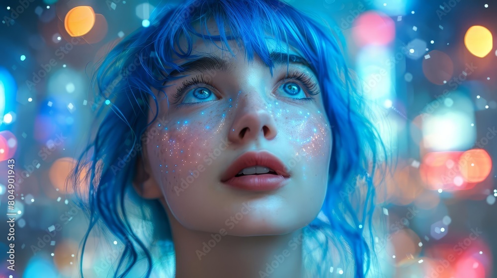 portrait of a beautiful young woman with blue hair, blue eyes, and glitter on her face portrait of a beautiful young woman with blue hair, blue eyes, and glitter on her face