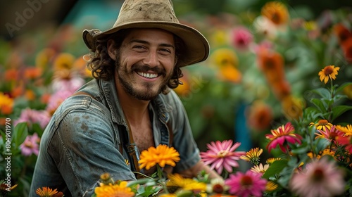Portrait photo of a smiling male farmer wearing a brown hat and blue jeans shirt standing in a field of flowers. © 1000lnw