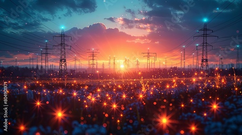 Power lines crossing a field of flowers at sunset.