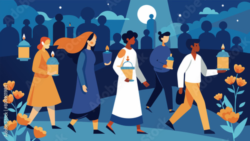 A procession of people carrying lanterns candles and flowers as they journey through a memorial garden dedicated to their ancestors.. Vector illustration