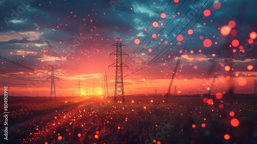 Power lines crossing a field of flowers at sunset. photo
