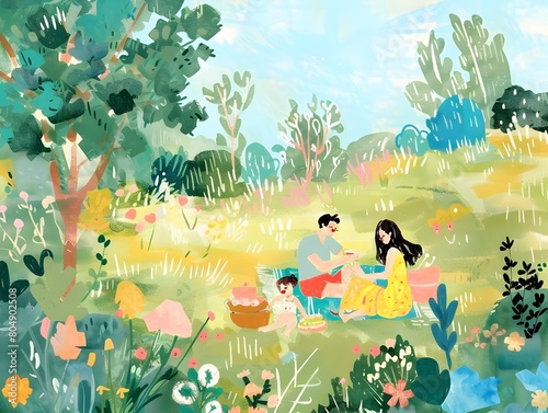 A Harmonious Family Picnicking in a Vibrant Meadow under Radiant Sunlight