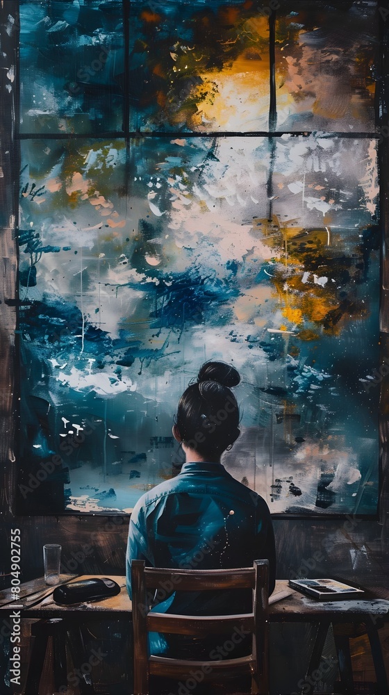 Pensive Lost in the Creative Process Surrounded by Moody Atmospheric Palette of Colors and Reflections description The image depicts a solitary