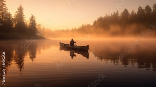 The serene scene captures a canoe gliding over the calm waters of the Lake, enveloped by the gentle embrace of the morning mist, which accentuates the tranquil atmosphere. © Amin