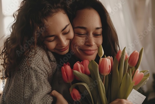 Mother daughter affection Sharing a tender moment with tulips and love message card on Mothers Day #804902777