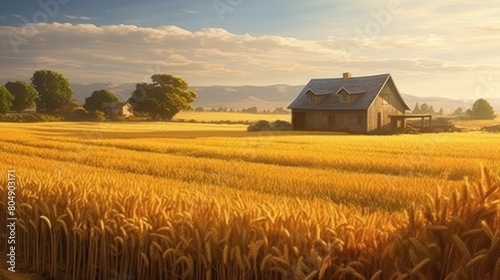 a wheat field and a storage shed in the middle of the field photo