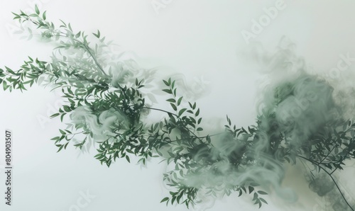 White and green leaves with smoke blending into the background