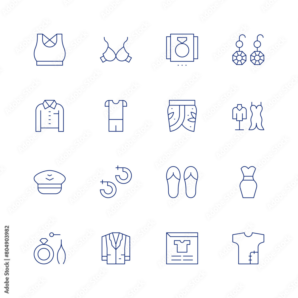 Fashion line icon set on transparent background with editable stroke. Containing top, tshirt, pilothat, jewelry, bra, jacket, pijama, earrings, fashion, beach, review, product.
