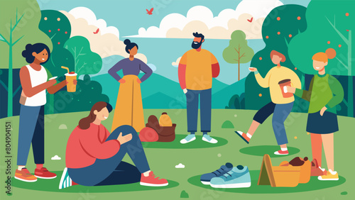 In a peaceful park a community of ecowarriors gather to trade tips on how to upcycle old sneakers into trendy new looks while also promoting. Vector illustration