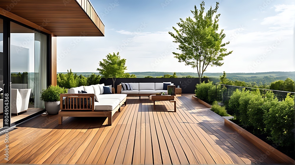 Modern Terrace with Wood Deck and Outdoor Furniture 