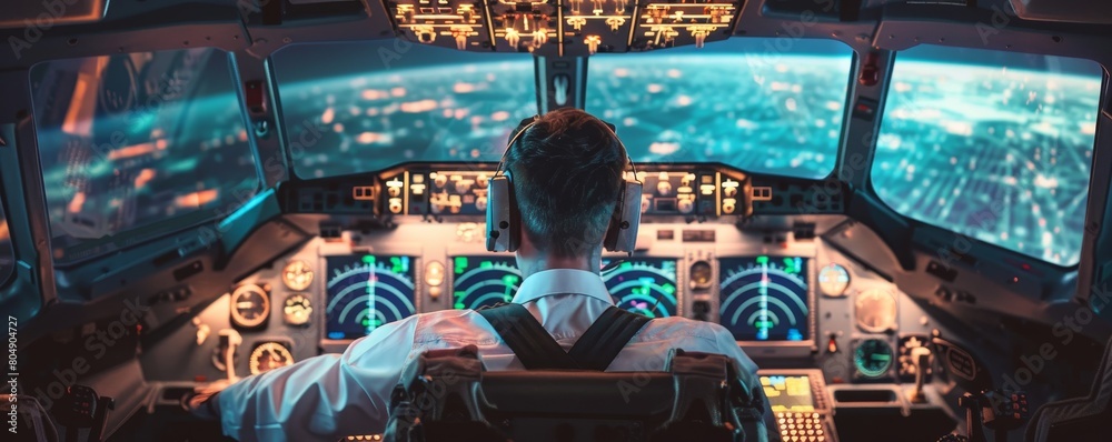 Obraz premium Pilot Operating Advanced Airplane Cockpit A professional pilot focused on navigating, seated in a high-tech airplane cockpit aglow with illuminated controls and displays. 