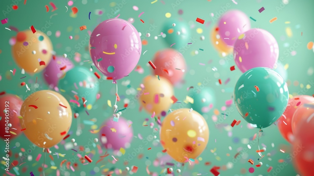 A festive scene featuring colorful balloons and confetti of serene green A festive scene featuring colorful balloons and confetti of serene green