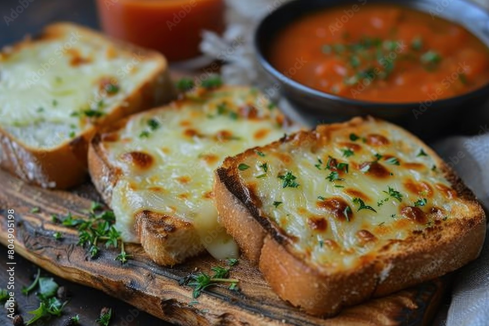 A slice of melty cheddar cheese on a toasted sourdough bread with a steaming bowl of tomato soup.