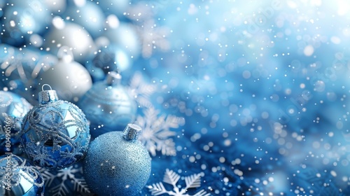 A festive Christmas banner, with a background of blue and white snowflakes, balls