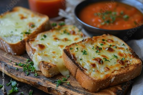 A slice of melty cheddar cheese on a toasted sourdough bread with a steaming bowl of tomato soup.