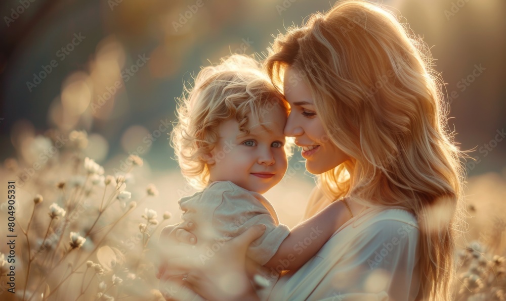 Tender moment between mother and child in a sunlit meadow Tender moment between mother and child in a sunlit meadow