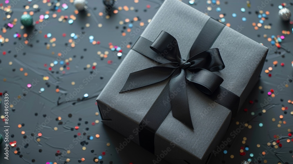 A gift box with a black ribbon on a gray background A gift box with a black ribbon on a gray background