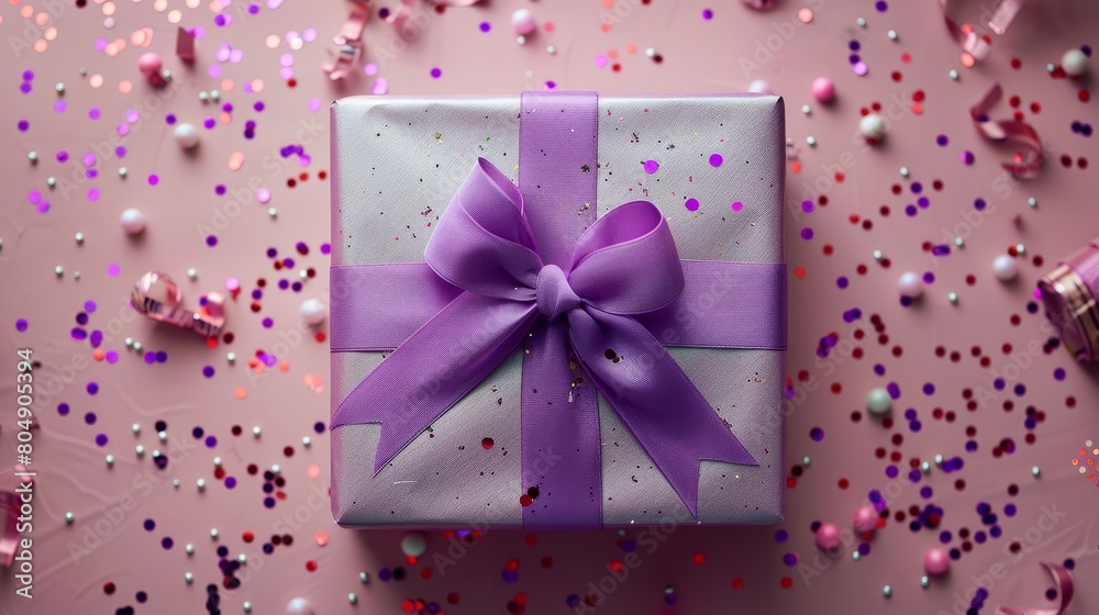 A gift box with a purple ribbon on a pink background