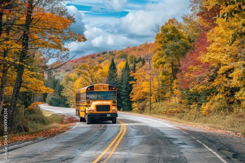 Bright yellow school bus drives along a scenic countryroad with vibrant fall foliage lining the way. photo