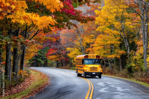 Bright yellow school bus drives along a scenic countryroad with vibrant fall foliage lining the way. photo