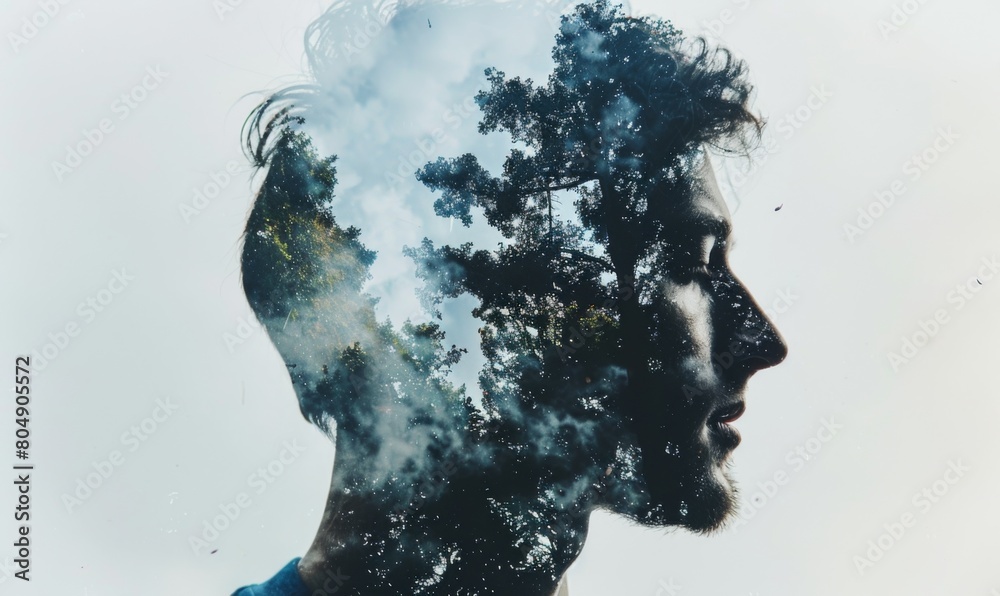 Man's profile blended with dark forest and blue sky Man's profile blended with dark forest and blue sky