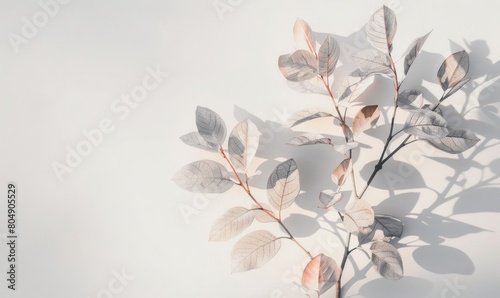 Branches with delicate leaves casting soft shadows on a plain surface