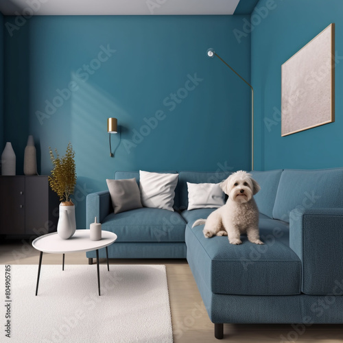 Modern cozy living room with a blue wall texture background and a pet corner --v 5.0 - Image #2 @MAAALI
