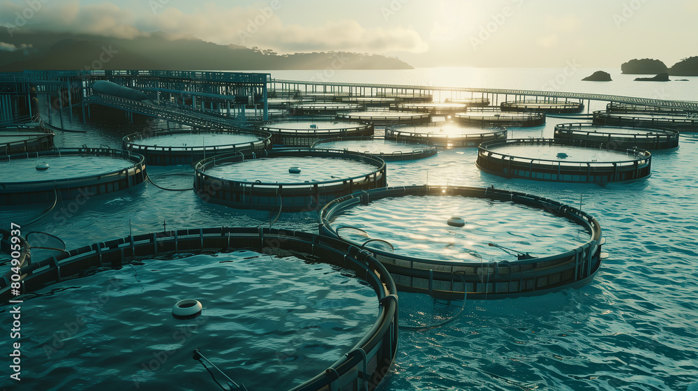 Aquaculture farms cultivating seafood in controlled marine environments. 