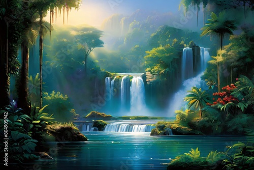 A painting depicting a powerful waterfall cascading down rocks into a river in the lush jungle environment. The water flows energetically, surrounded by vibrant green foliage and towering trees. photo