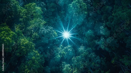 glowing neon star shining brightly amidst a dense forest of green and blue