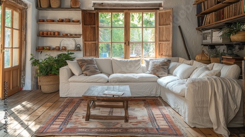 A cozy rustic farmhouse-style living room. High-quality bright photo for home design. 