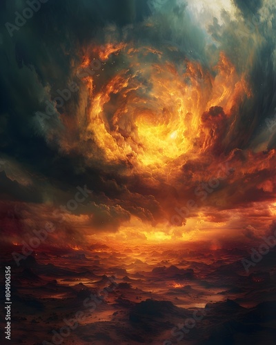 Apocalyptic Interpretation of Earth Under Global Warming Crisis with Dramatic Wildfires and Ominous Stormy Atmosphere