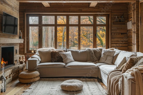 A cozy rustic farmhouse-style living room. High-quality bright photo for home design. 