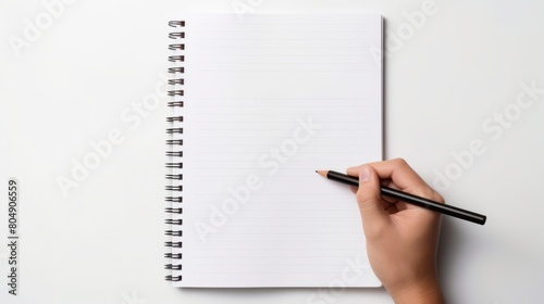 A hand poised to write in a lined notebook, capturing the moment of inspiration and the beginning of creation on a clean white canvas