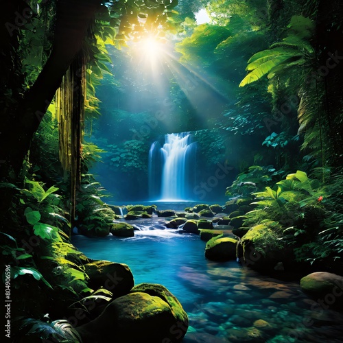 Tropical rainforest waterfall in the jungle landscape. Palm trees pond misty morning flowers and tropics.