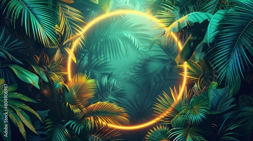 A vibrant neon background featuring tropical palm leaves in shades of green, teal, and yellow
