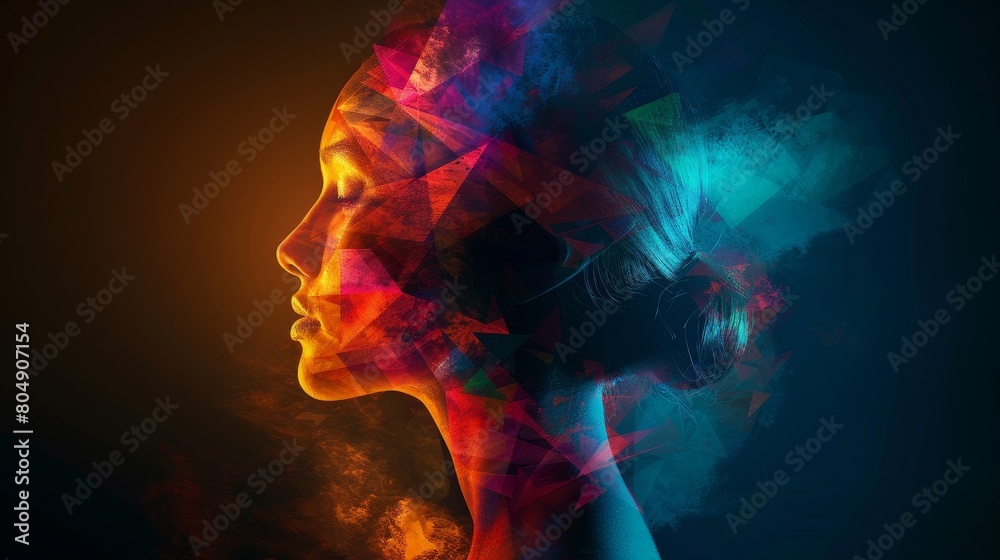 A woman head, outlined in colorful geometric shapes, stands out against a dark background