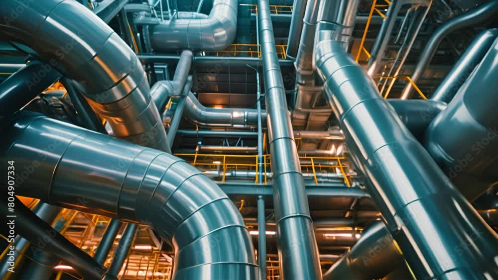 A maze of interconnected stainless steel pipes in an industrial warehouse showcasing complex engineering